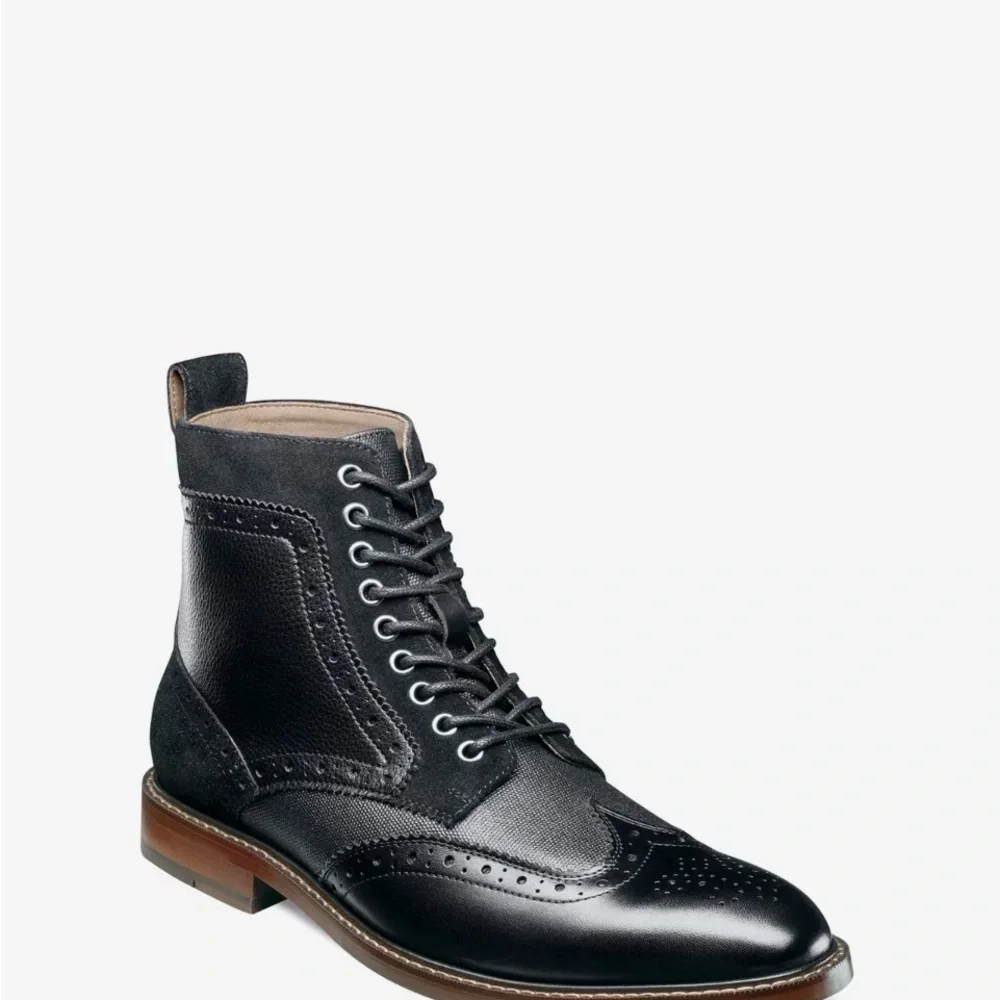 Stacy Adams Black Leather Wingtip Boots - Picture 1 of 10